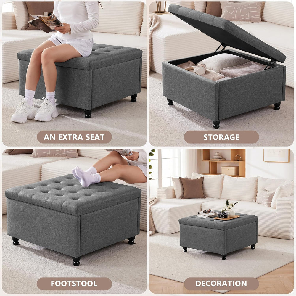 28" Large Square Ottoman with Storage, Fabric Ottoman Coffee Table, Grey...