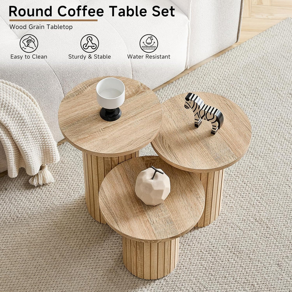 Round Nesting Coffee Table Set of 3 Mid Century Modern Wood Round Coffee Tabl...