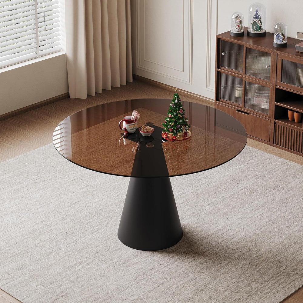 35 Inch Round Glass Dining Table, 8mm Tempered Glass Tabletop with Carbon Ste...