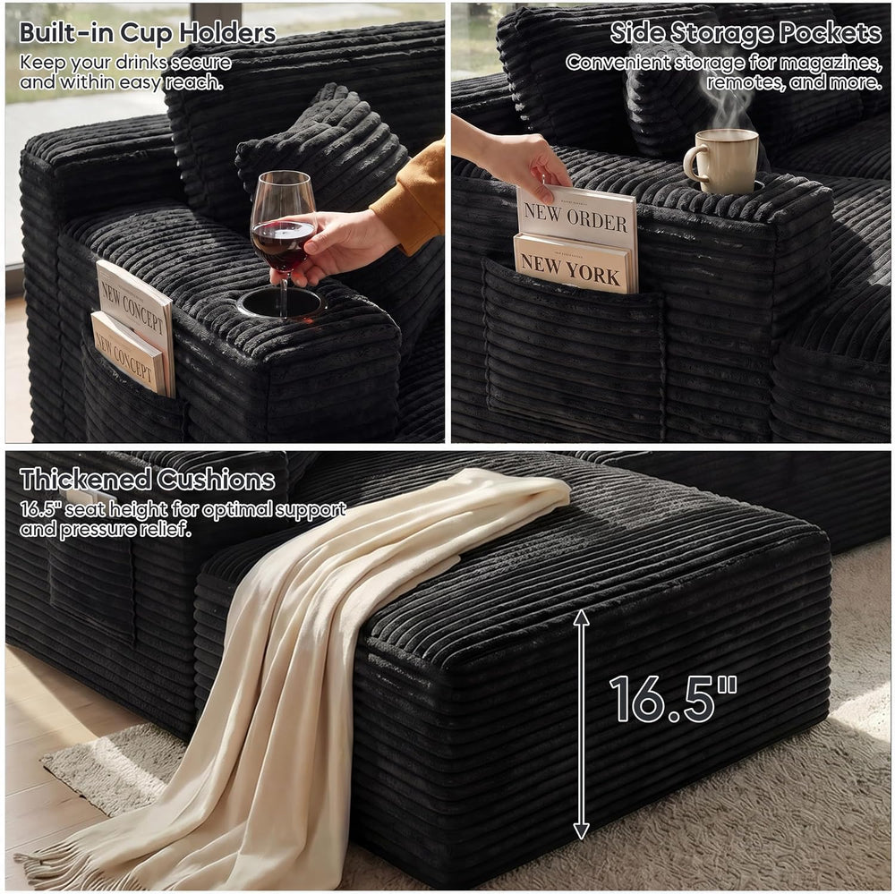 133" U-Shaped Modular Sectional Sofa, Corduroy Couch, Black | Cloud Luxu...