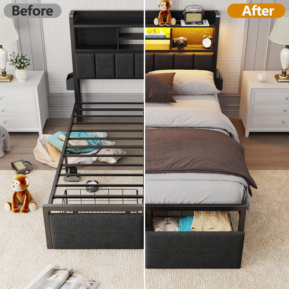 Furnulem Full Size Bed Frame with Headboard, Drawers, Charging Station, LED