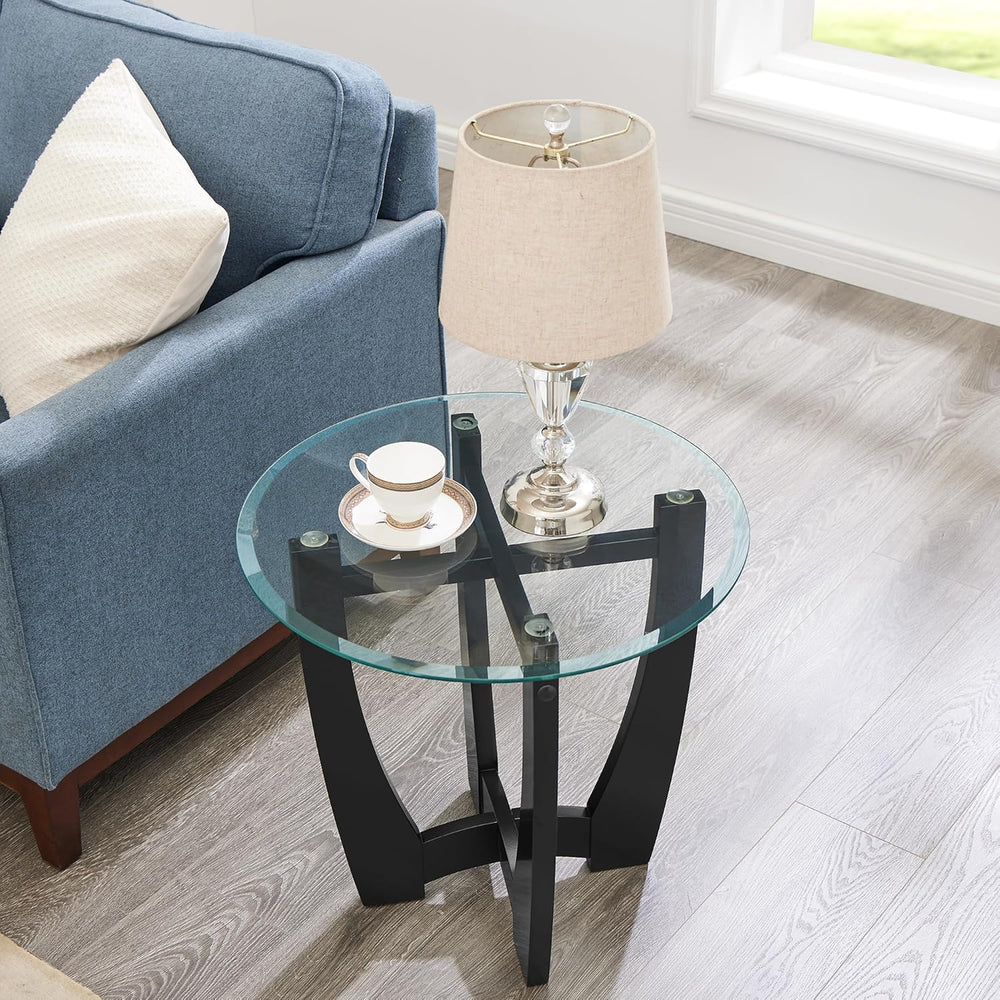 Round End Table with Clear Tempered Glass Top, Black Wood Base, 23.5 Inch, Co...