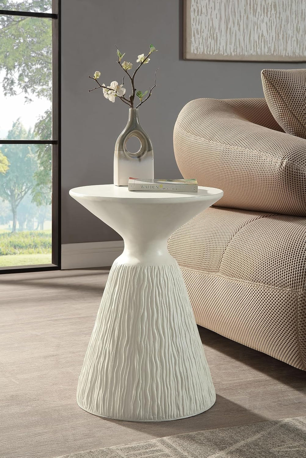 φ16 Natural White Finish Fiber Concrete Accent Table, Round Side Table for Li...