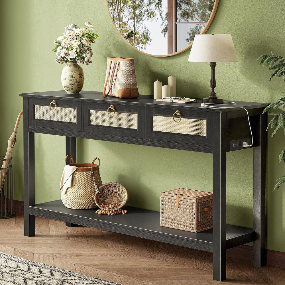 SUPERJARE Rattan Console Sofa Table with Outlets, USB-C Port and 3 Drawers | ...