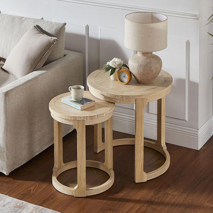 WILLIAMSPACE 24" Round Nesting Coffee Table Set of 2, Solid Wood Coffee Tables Mid Century Rustic Farmhouse Side End Tea Table for Living Room, Apartment (Oak)