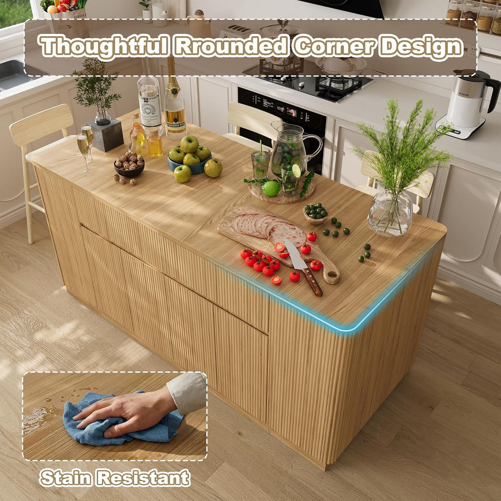 Mekminop 74.8" W Large Kitchen Island, Natural, Wavy Design | Storage, S...