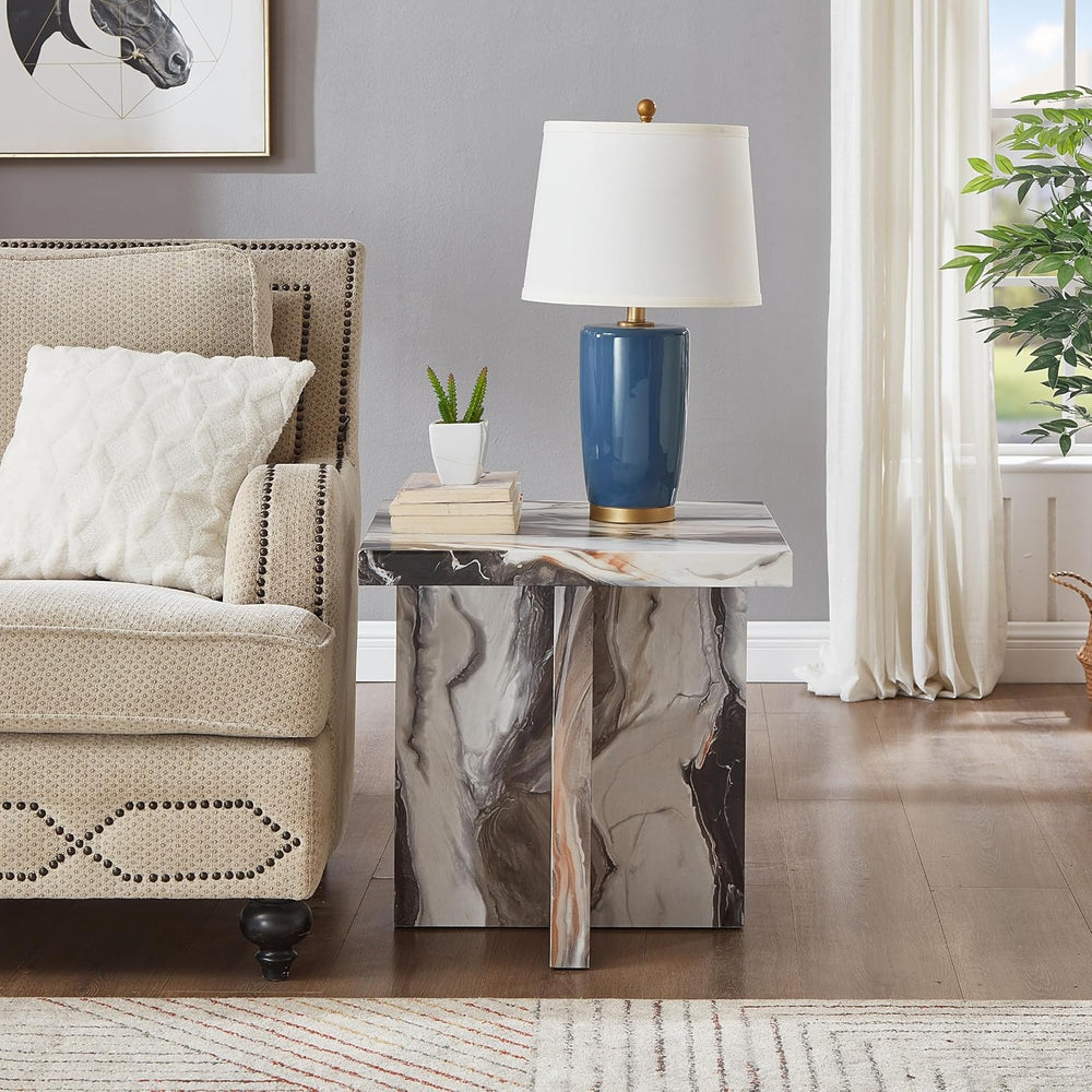 Roundhill Furniture Cavira Modern Faux Marble Living Room Side Table, Off-White