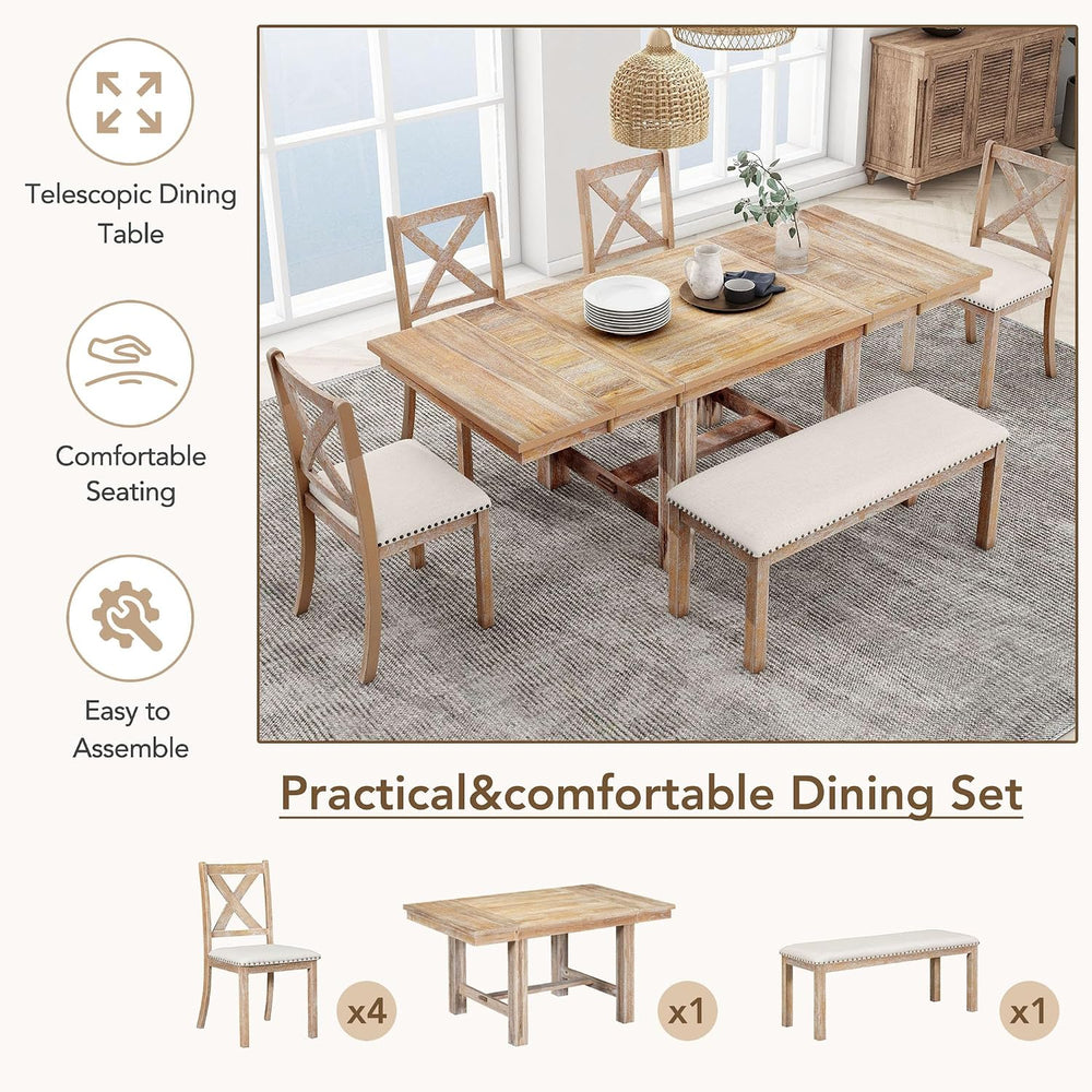 RuiSiSi 6 Piece Solid Wood Dining Table Set, Farmhouse Extendable Kitchen Tab...