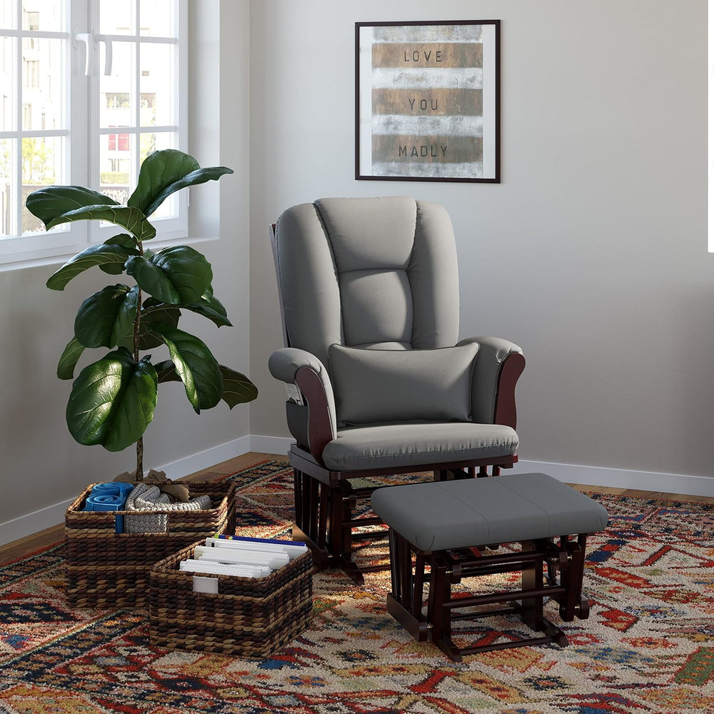 Storkcraft Tuscany Glider and Ottoman with Lumbar Pillow, Espresso/Gray
