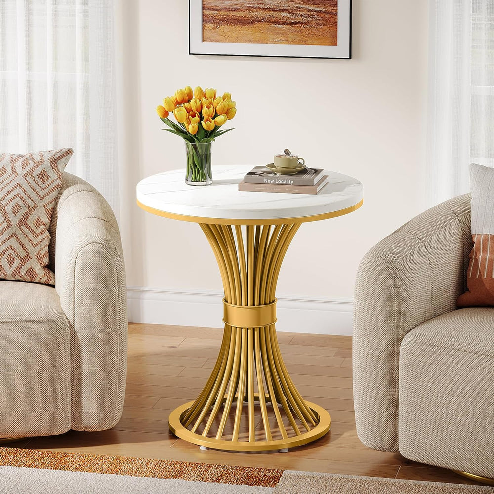 Tribesigns Round End Table, Modern Faux Marble Side Table with Gold Metal Bas...