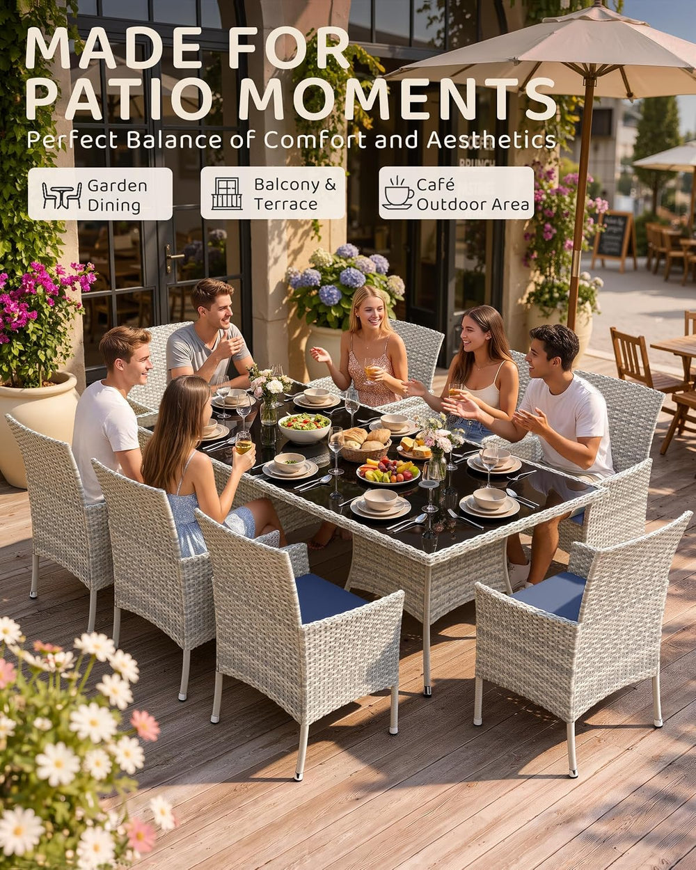 10-Piece Patio Dining Set, 2 Tempered Glass Tables & 8 Wicker Chairs