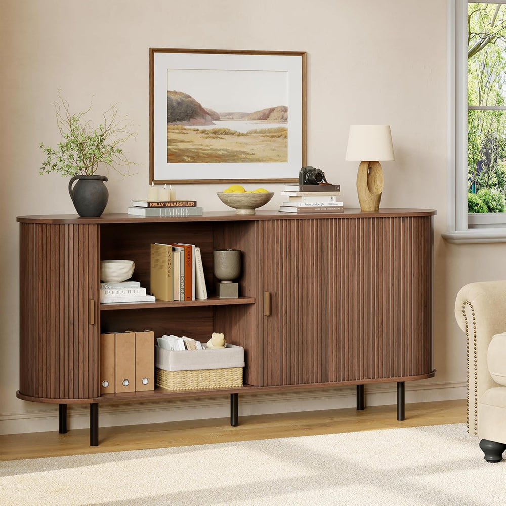 Buffet Sideboard Cabinet with Storage, 63" Fluted Cabinet with Sliding D...