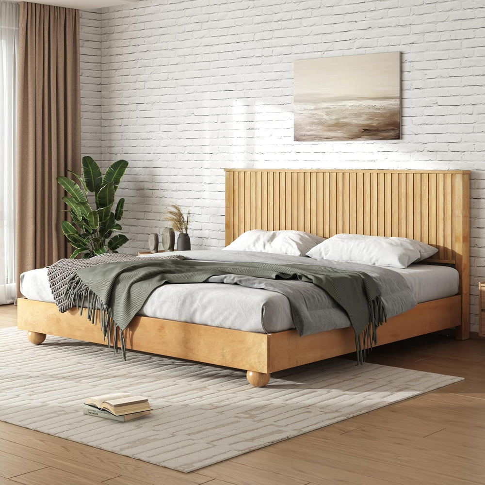 Merax King Size Bed Frame with Reeded Headboard, Natural Wood Platform Bed Fr...