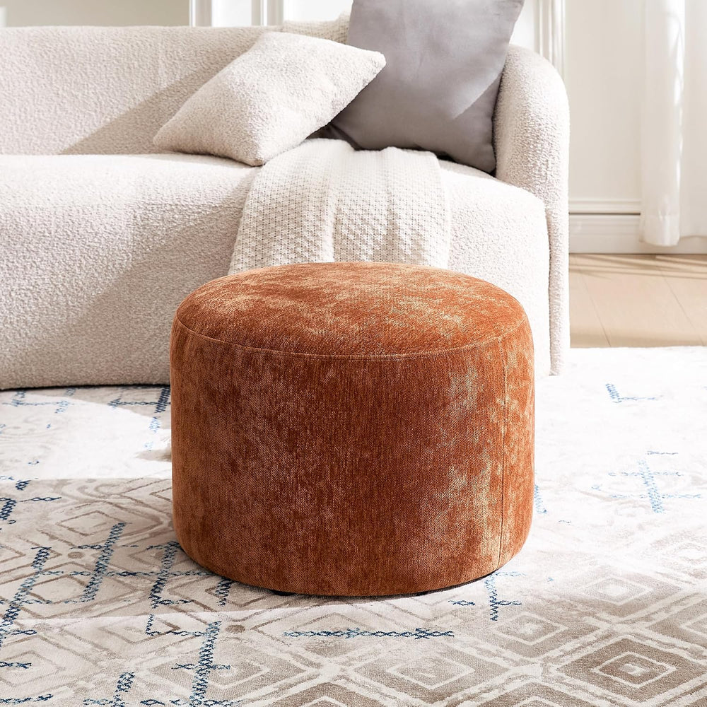 Upholstered Round Pouf Ottoman, Modern Footstool, Orange-Brown | Small Chenil...