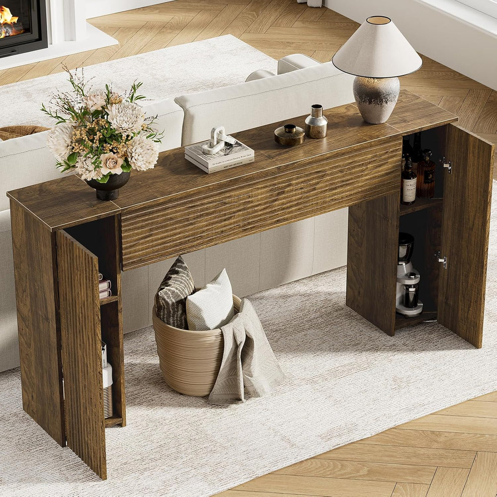 FABATO 61'' Fluted Long Console Table, Wooden Rectangular Sofa Table ...
