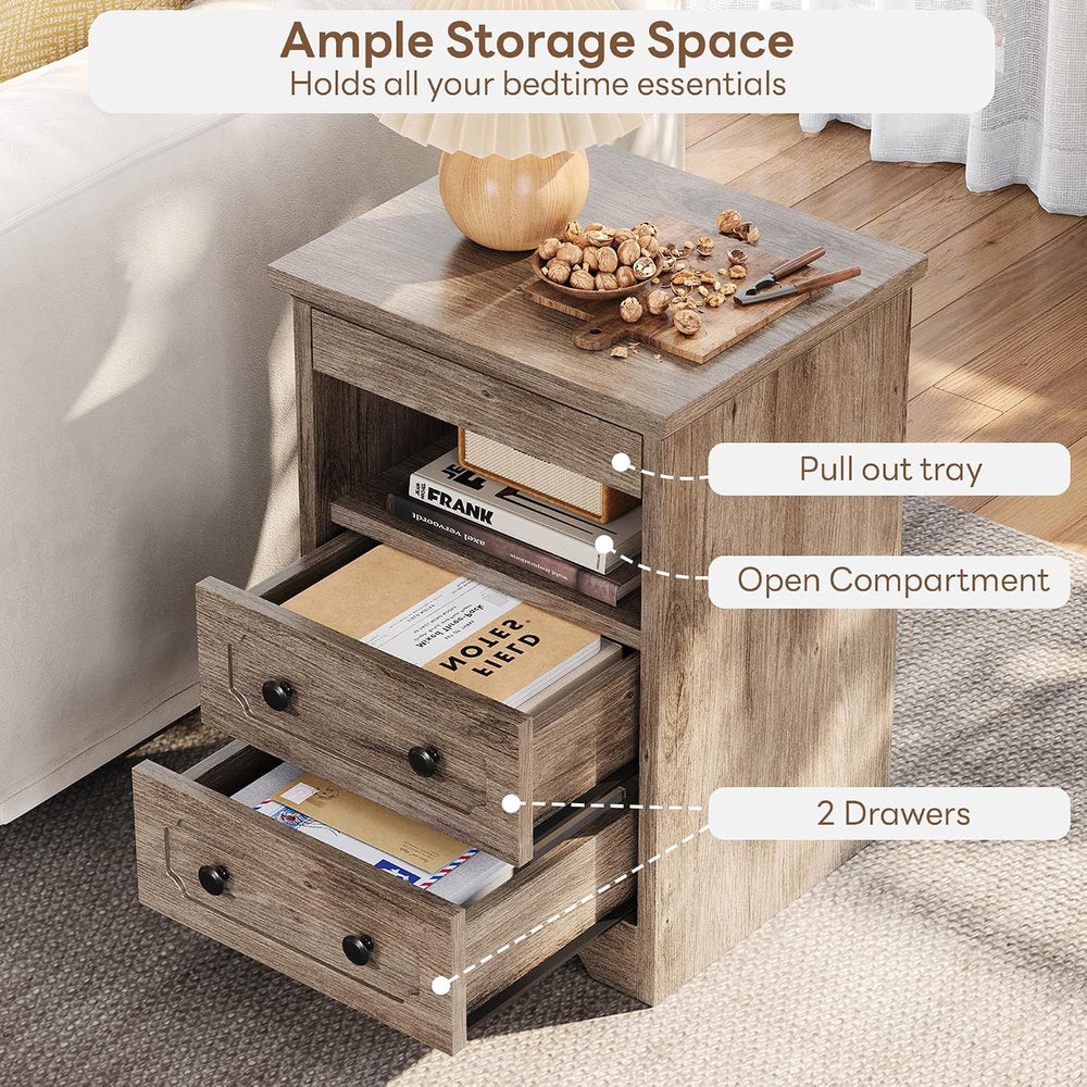 LIKIMIO Nightstand Set of 2, Night Stand with Pull Out Tray, Wooden Bedside T...