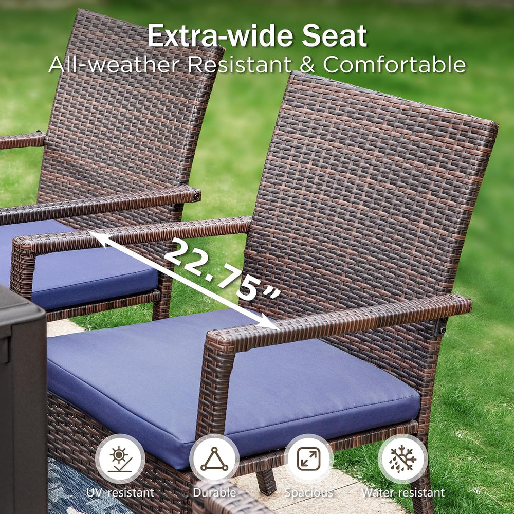 PHI VILLA 5pc Patio Dining Set with 10ft Blue Umbrella, 4 Rattan Chairs