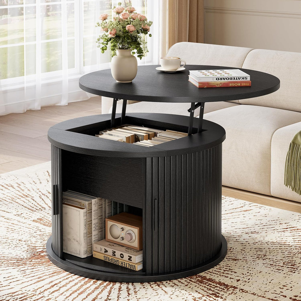 Round Lift Top Coffee Table, 23.6" Fluted Drum Coffee Table with Large H...
