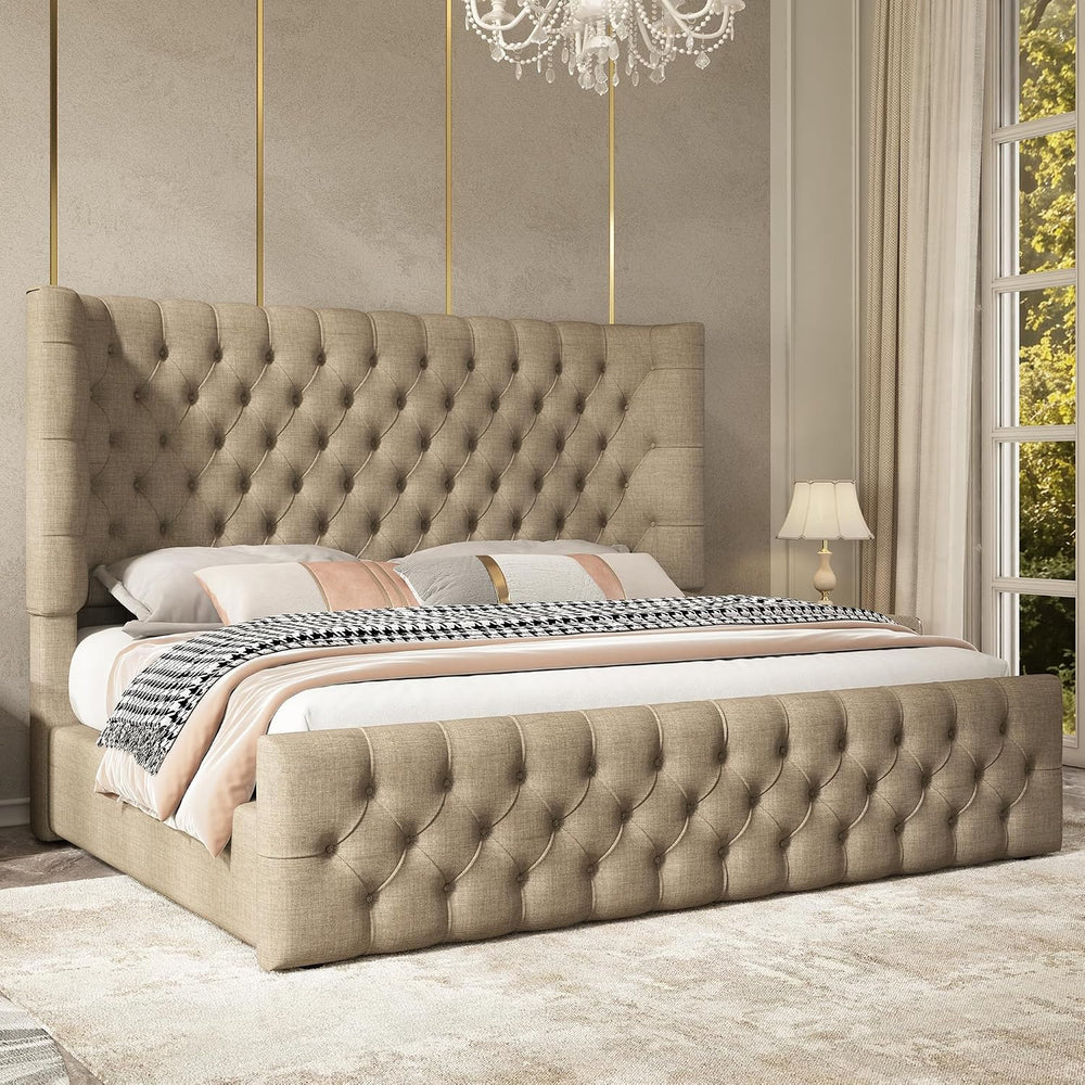 Jocisland Queen Bed Frame Upholstered Wingback Headboard & Footboard,Khaki