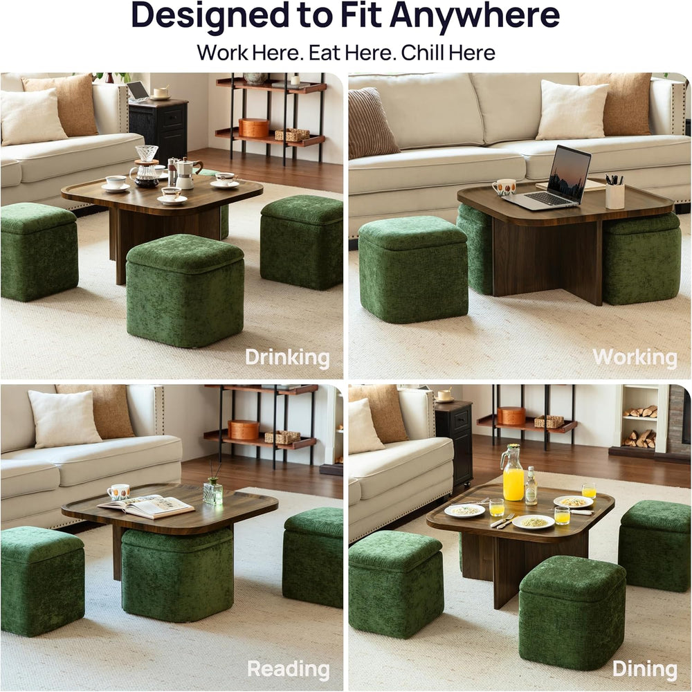 Square Coffee Table with Stools Underneath, 4 Storage Ottomans Chairs&Seats