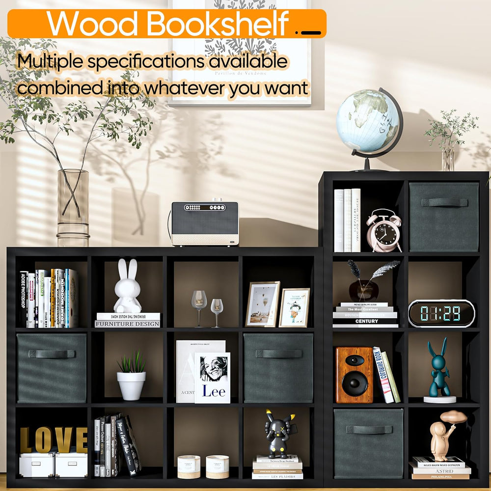 Bookshelf with Storage Bin, 4-Cube Storage Organizer, Modern Wood Open Bookca...