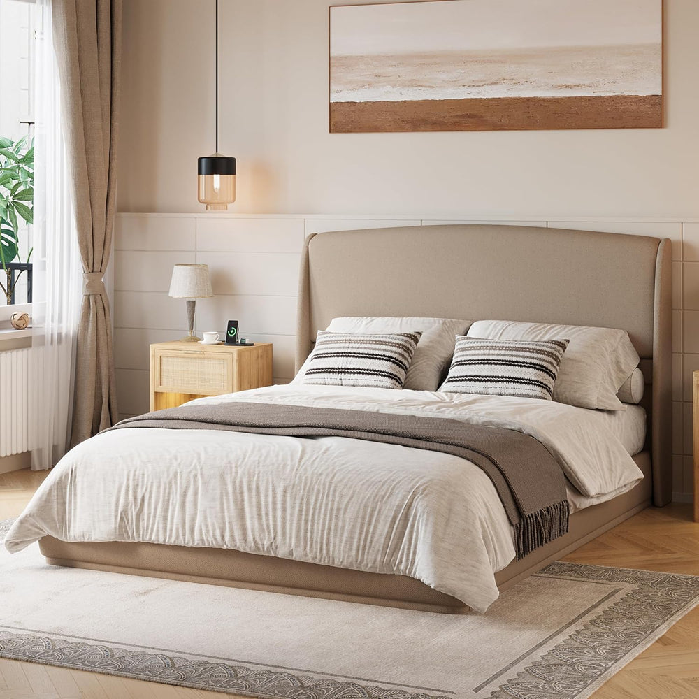Queen Size Wooden Platform Bed, Upholstered Low Profile Linen Fabric Bed Fram...