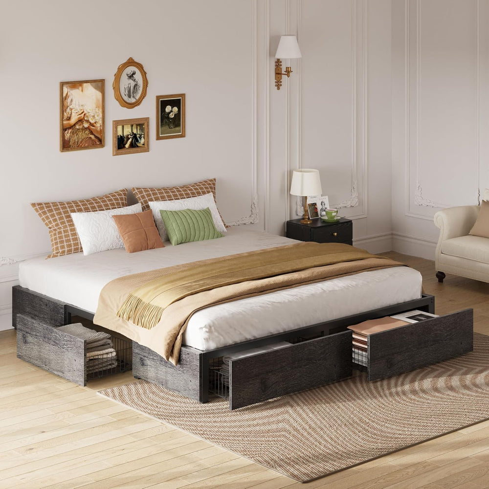 LIKIMIO King Bed Frame with 4 Storage Drawers, Charcoal Grey