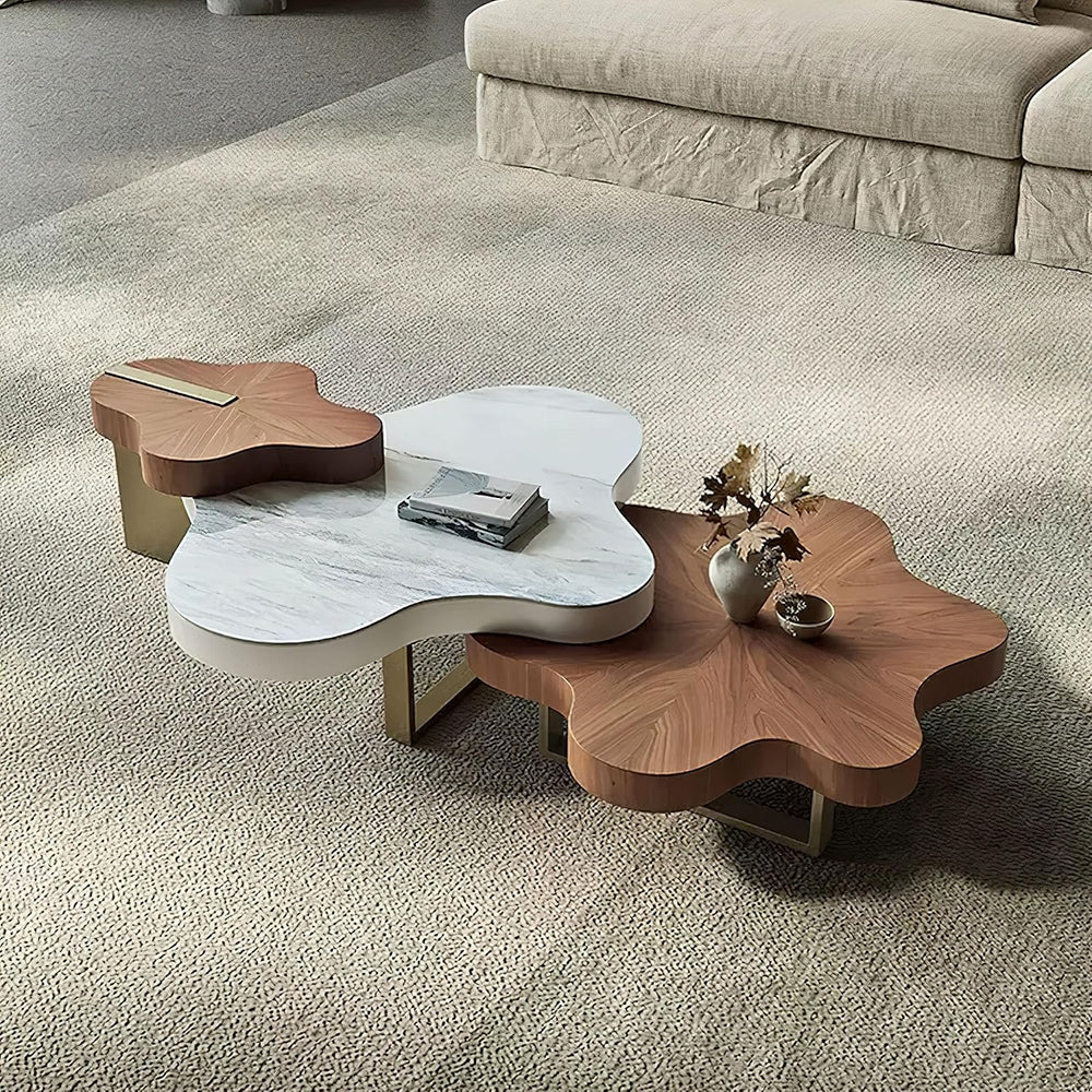 Rectangular Nesting Coffee Tables Set of 2, 63in Walnut Wooden Cloud Side Tab...