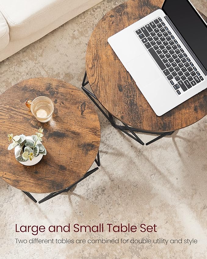 VASAGLE Small Coffee Table Set of 2, Round Coffee Table with Steel Frame, Sid...