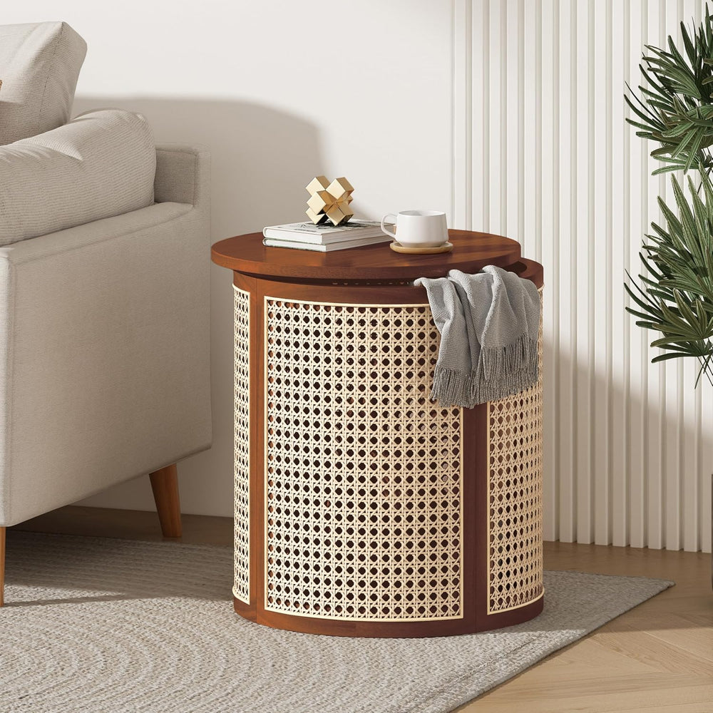 รธ15.7'' Round Rattan Side Table End Table, Hollow Woven Nightstand wi...