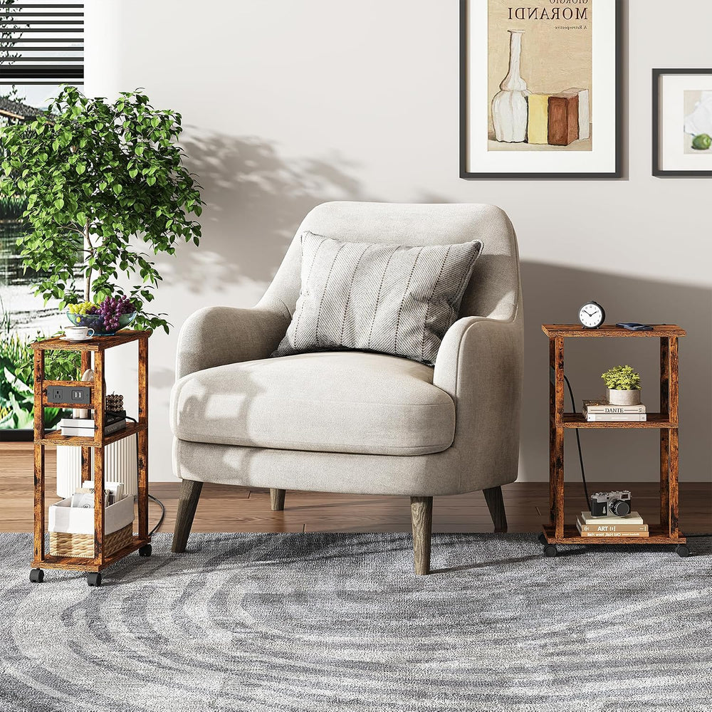 TUTOTAK Small Narrow Side Table with Charging Station, Skinny End Table for S...