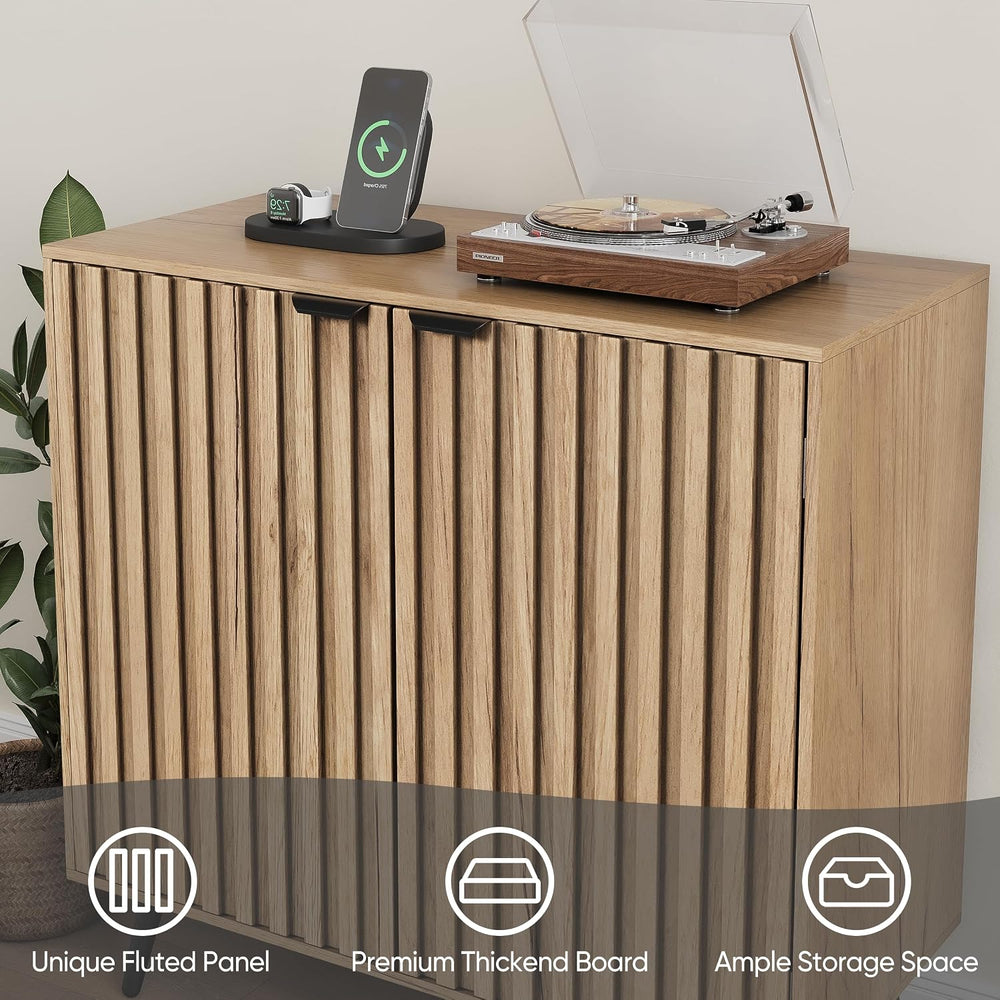 Smuxee Fluted Sideboard Cabinet, Freestanding Natural Buffet Cabinet with Adj...