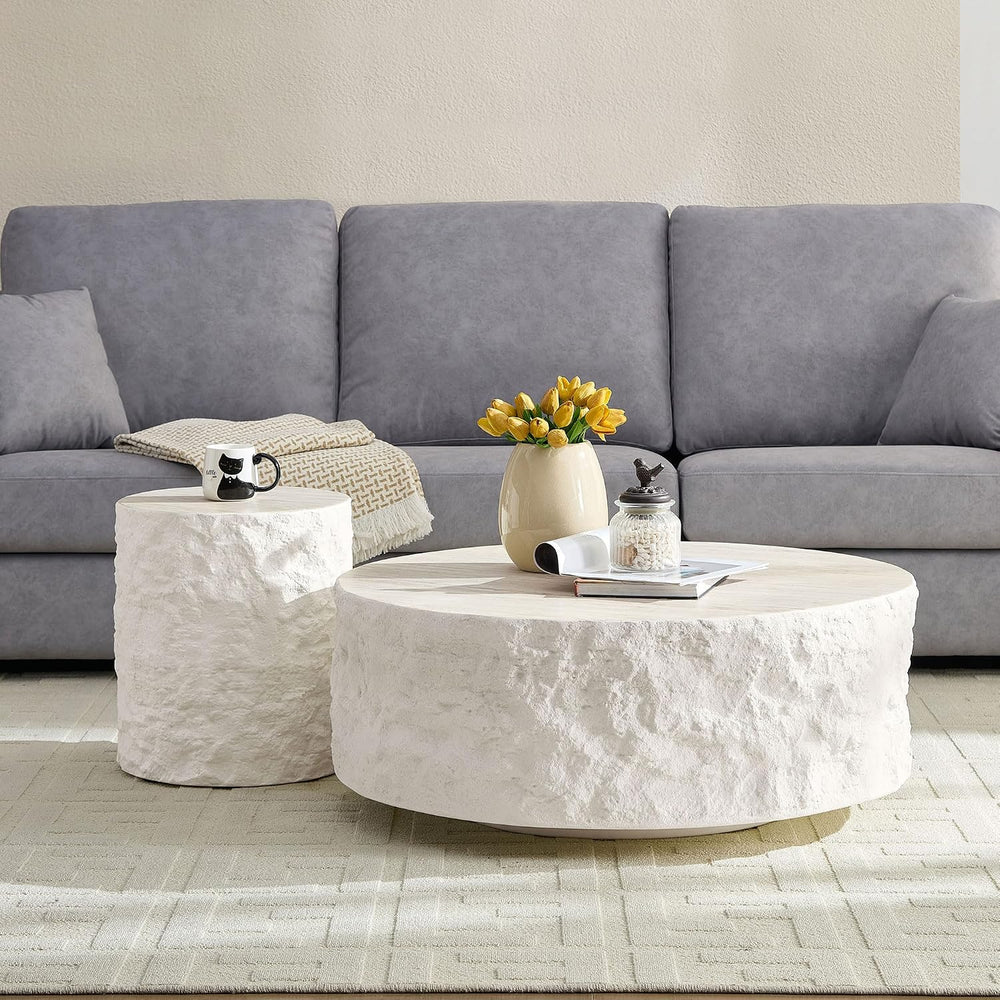 Fiberglass Round Coffee Table Set of Two, Living Room Vintage Design Faux Sto...