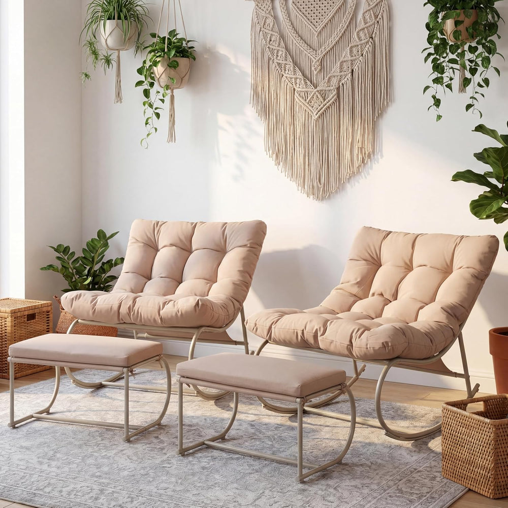 Double Papasan Rocking Chair Set of 2 with Ottoman, Khaki