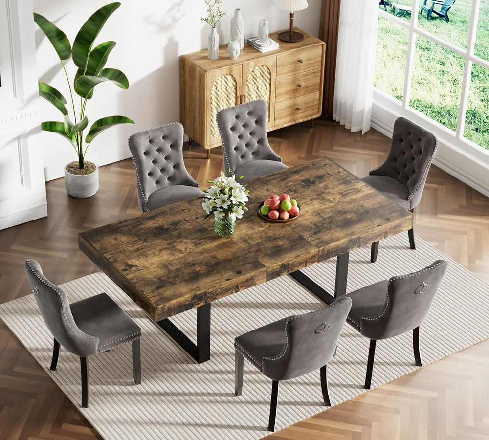 7-Piece Extendable Dining Table Set for 6, 63-78 Inch Rustic Brown Kitchen Ta...
