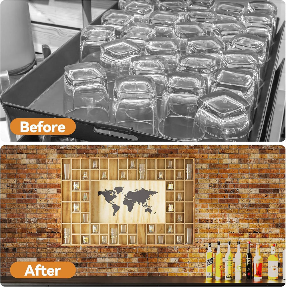 68 Large World Map Shot Glass Display Case Rustic Shot Glass Holder 37x 24.4i...