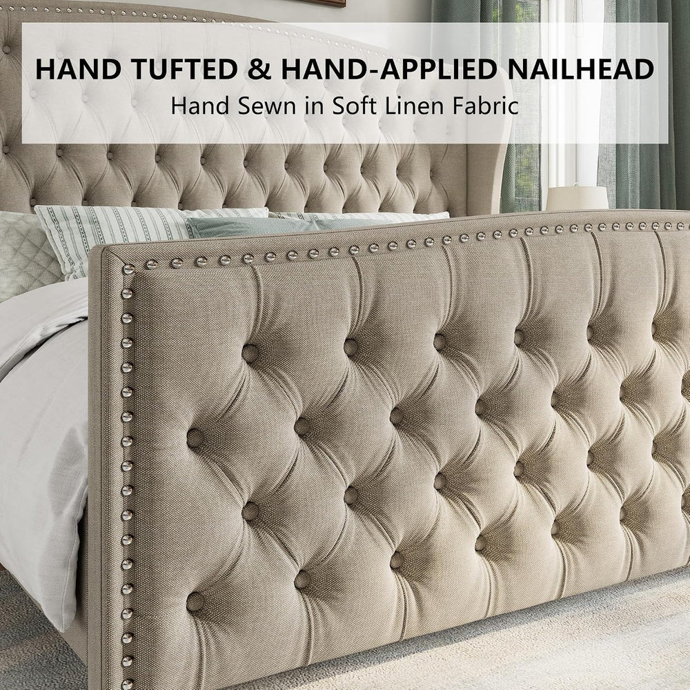 AMERLIFE King Size Bed Frame with Velvet Upholstered Wingback Headboard