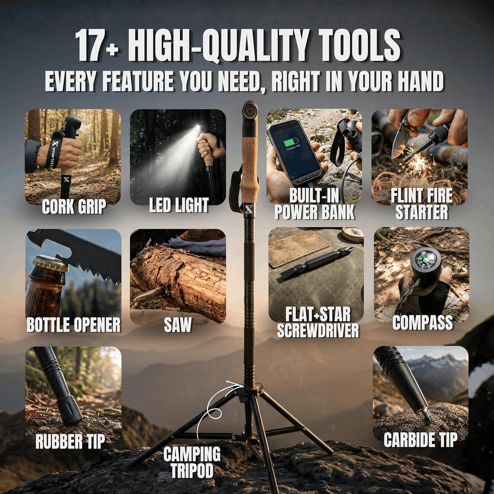 Tactical Hiking & Walking Stick - Survival Multi-Tool w/Light & Power...