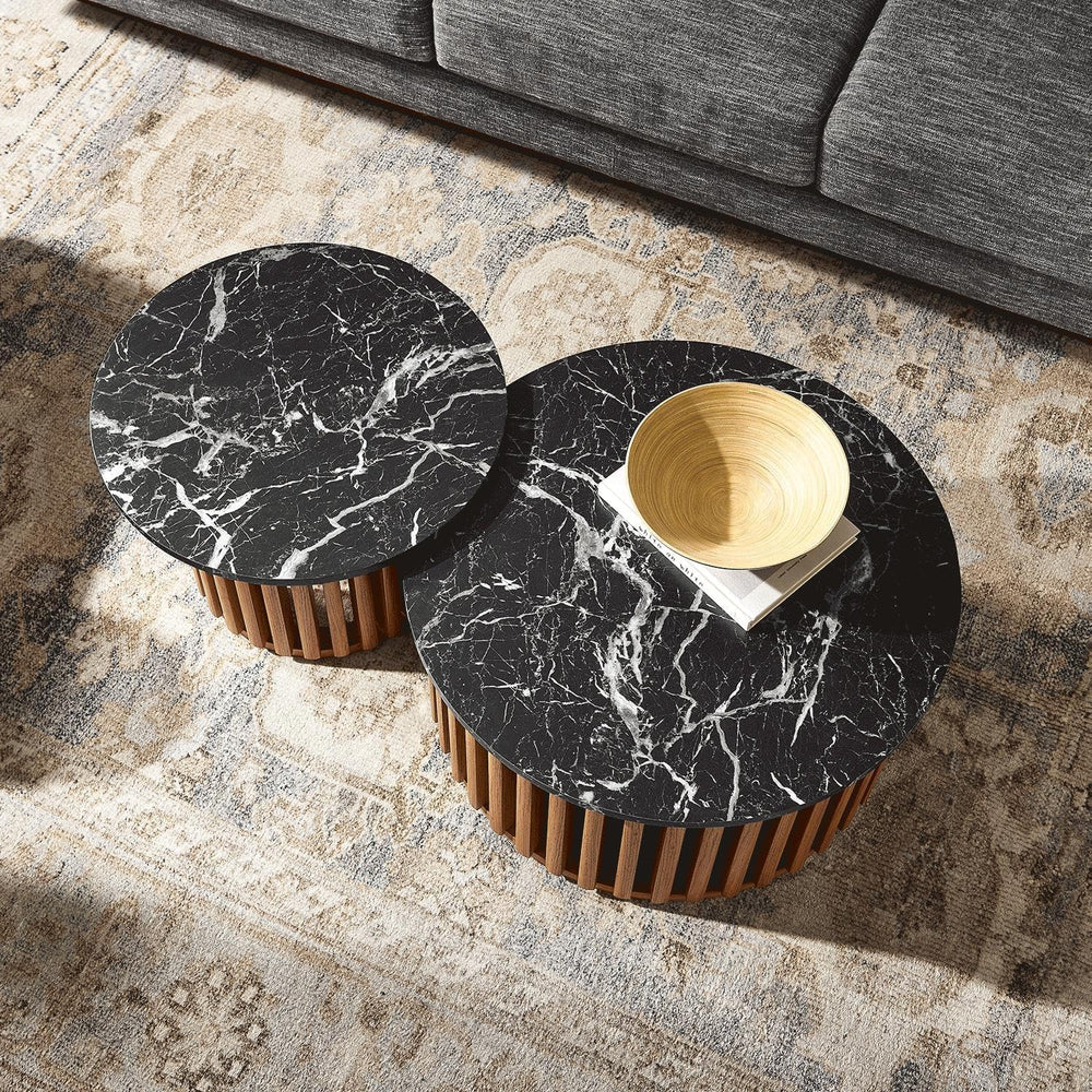 Modway Fortitude Round Faux Marble Wood Nesting Coffee Table Set in Walnut Bl...