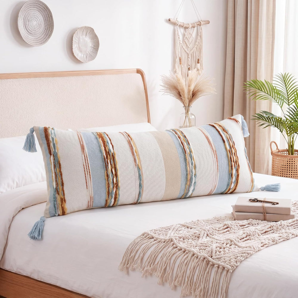 PANOD Boho Long Lumbar Throw Pillow Cover 16 x 36 Blue Brown, Chenille Moroca...