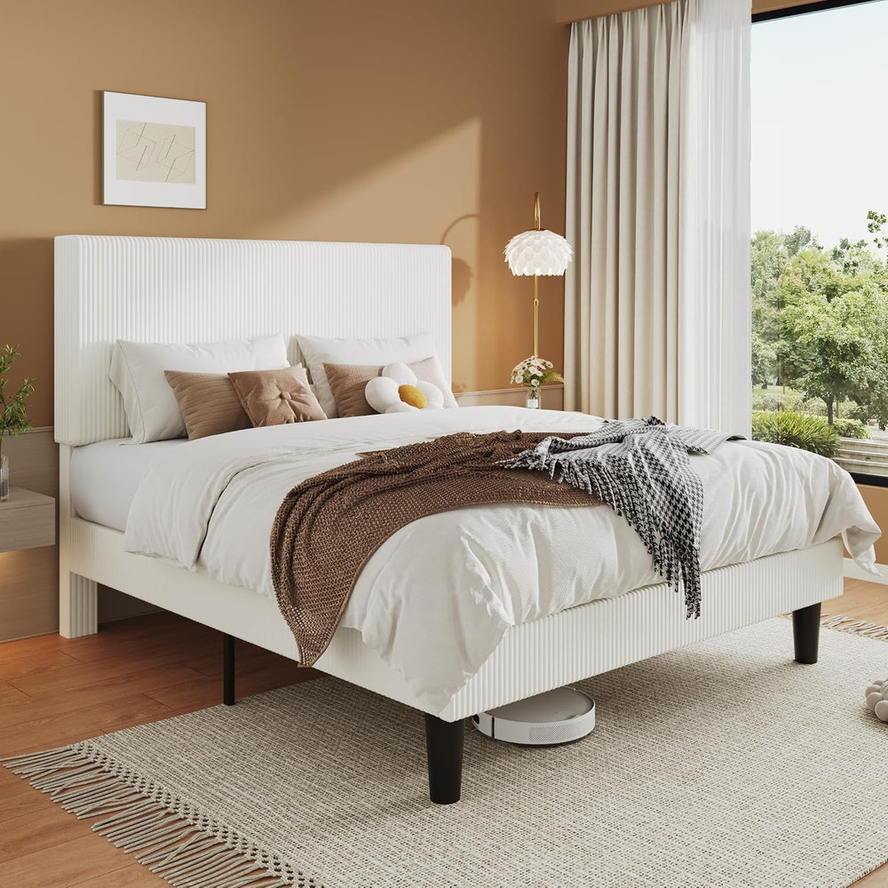 Allewie Queen Bed Frame, Corduroy Tufted Headboard, White