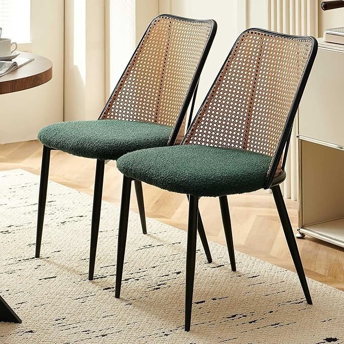 Green Dining Chairs Set of 4, Upholstered Home Kitchen Chairs Woven Rattan Ba...