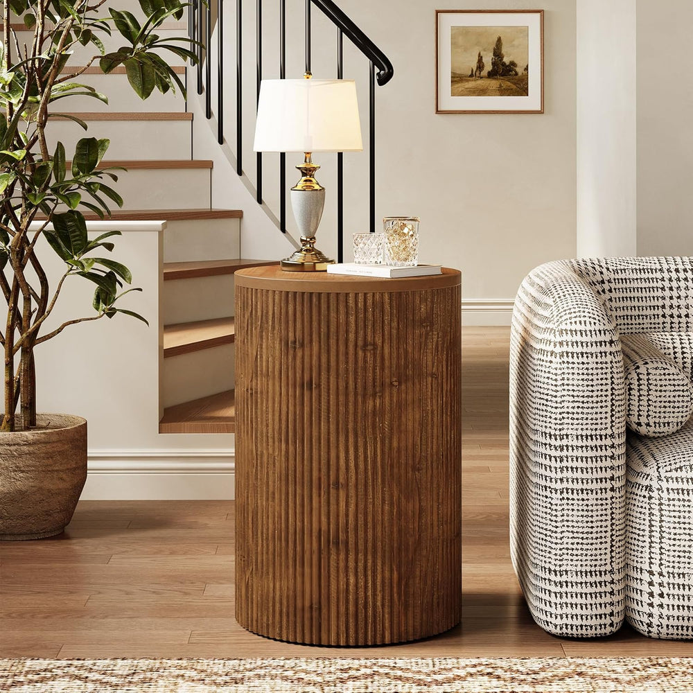 Solid Wood Round Side Table with Storage, No-Assembly Fluted End Table with 4...