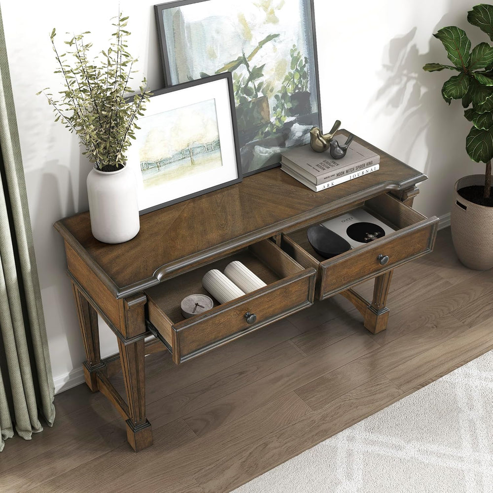 Lexicon Rectangle Wood Sofa Table with 2 Dovetail Drawers, Cherry Veneer Cons...