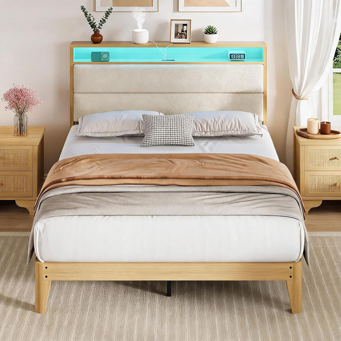 Full Size Wood Platform Bed Frame, Linen Upholstered Headboard with LED Light Storage Shelf, MDF & Iron Sturdy Wooden Slat Foundation, No Box Spring Required, Cream Bedroom Bed