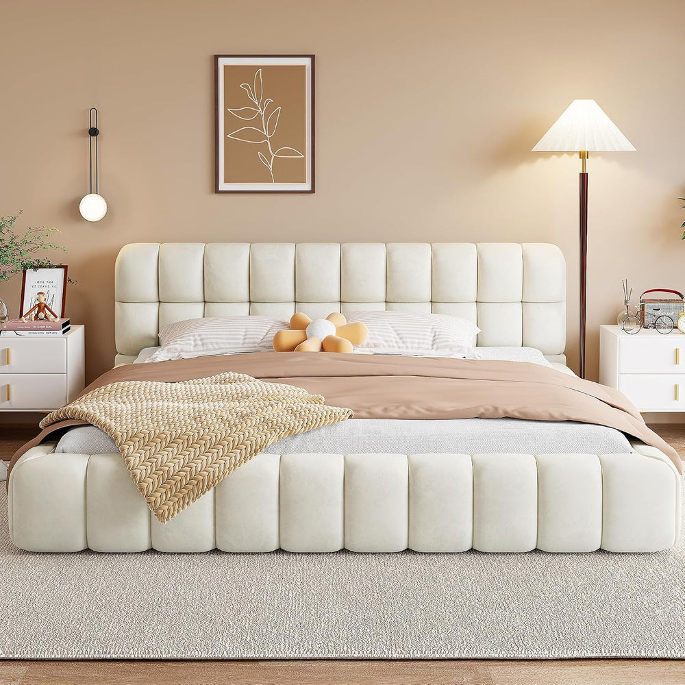 JIJIWANG Queen Platform Bed with Linen Headboard & Footboard, Beige