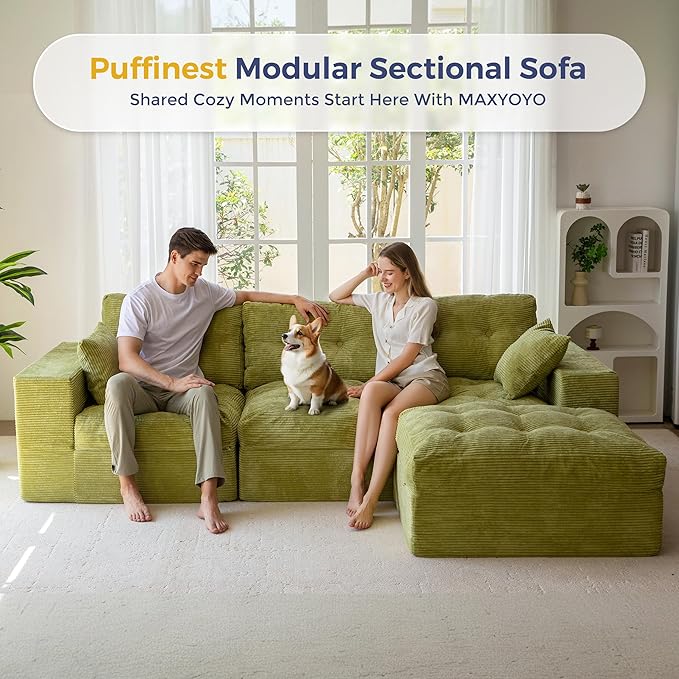 MAXYOYO 104" L Shaped Modular Sectional Sofa with Ottoman, Cloud Couch w...