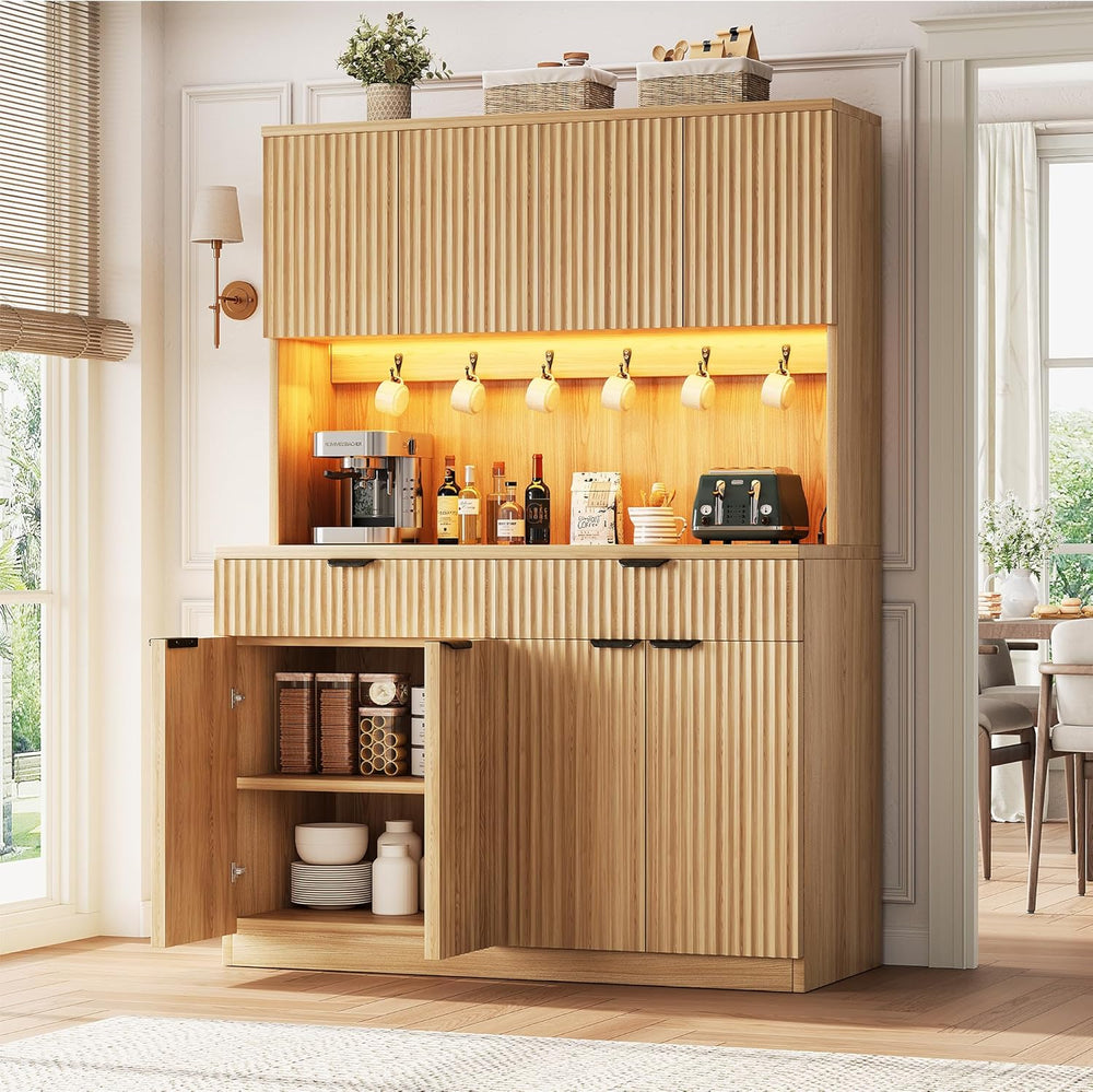 Jocoevol Fluted Kitchen Pantry Storage Cabinet with Charging Station/LED Ligh...