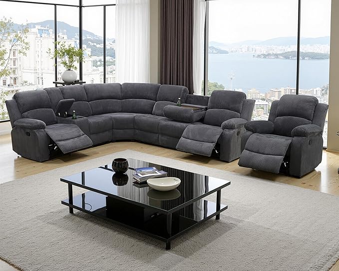 Manual Recliner Sectional Sofa Set, Corduroy L-Shaped Living Room Furniture S...