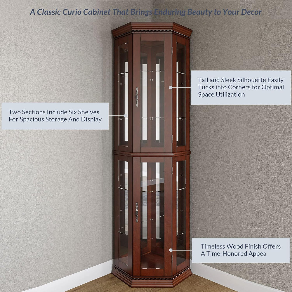 BELLEZE Lighted Wooden Corner Display Curio Cabinet, Two Section Shelving Uni...